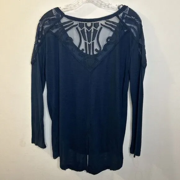Free People Top blue pullover burnout shirt size Small navy blue semi sheer - Picture 3 of 7